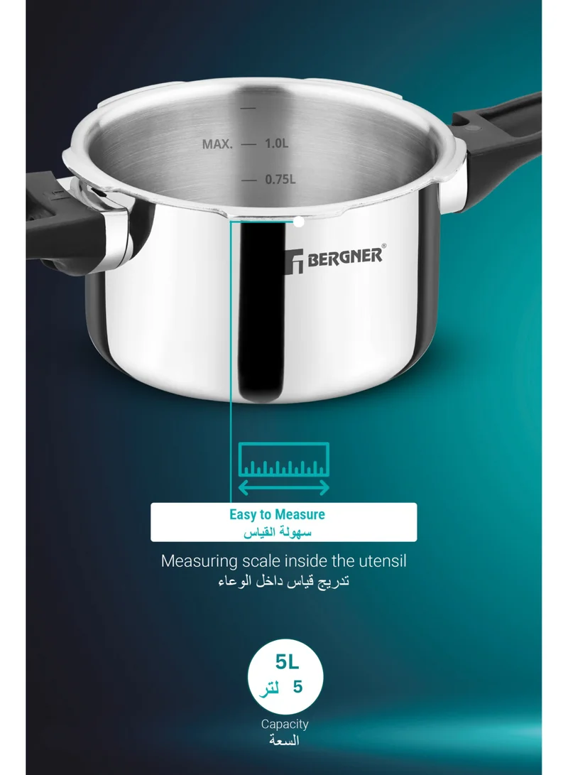 بيرجنر Bergner Argent Classic 5L Triply Stainless Steel Big Size Pressure Cooker Pan with Outer Lid, Resettable Safety Valve, Sturdy Handle, Fast & Even Healthy Cooking, Durable, Induction & Gas Compatible